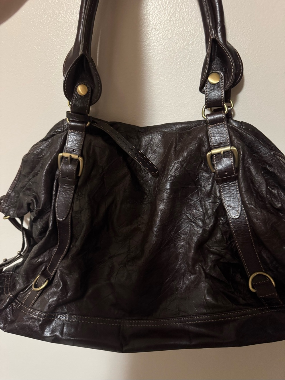 Adolfo Dominguez Dark Brown Leather Tote with Brass Accents - Picture 4 of 7